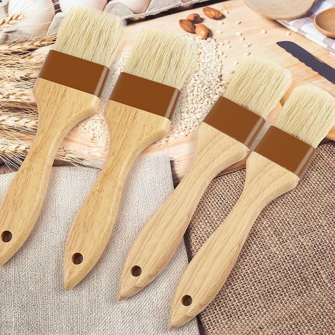 4 Pcs Natural Bristle Pastry Brush, Beech Wooden Handle Basting and BBQ Brushes for Cooking, Butter, Oil, Marinade, Grilling & Baking, Kitchen Food Brush (1.5 inch & 2 inch)