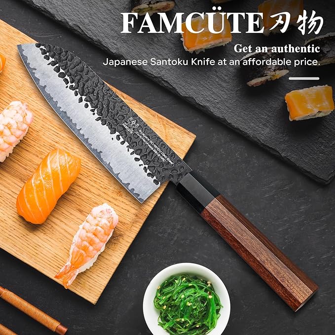 Santoku Knife 7 inch, Hand Forged 5 Layers 9CR18MOV High Carbon Steel Professional Kitchen Knife, Ultra Sharp Rosewood Handle Japanese Sushi Knife As a Thoughtful Birthday Gifts for Mom/Dad