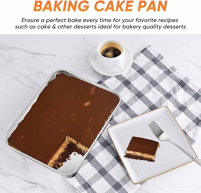 Herogo Rectangle Cake Pan Set of 2, 9 X 13 Inch Stainless Steel Baking Pan for Oven, Lasagna Brownies Casseroles Cakes Bakeware, Dishwasher Safe