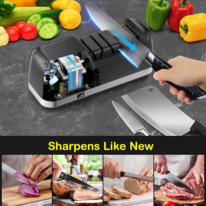 Secura 3-Stage Electric Knife Sharpener with 100% Diamond Abrasives and Precision Angle Guides, Professional Sharpening Tool for Kitchen Straight Edge, Serrated Knives and Ceramic Knife, Black