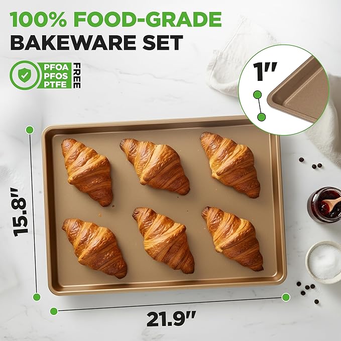 NutriChef Nonstick XL Cookie Sheet Baking Pan - Extra Large 22" x 16" Carbon Steel Oven Baking Sheet for Pastries, Desserts, & More - Dishwasher Safe, Gold