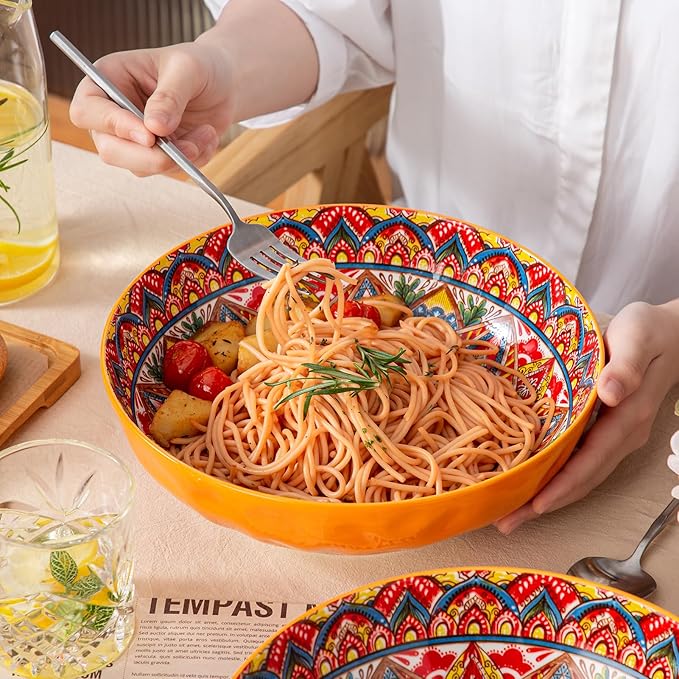 YUN TAO Large Serving Bowls,10 inch Ceramic Bowls, 75 Oz Capacity, Vibrant Orange Hue - Microwave and Dishwasher Safe for Salad, Pasta, Entertaining and Party (Set of 2)