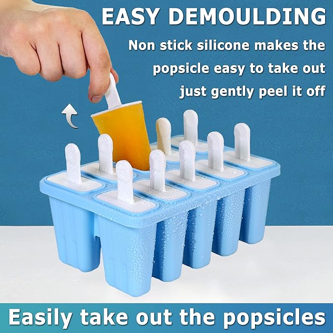 Silicone Popsicle Molds 10-cavity, DIY Ice Pop Mold for Kids Adult Teens, BPA Free Ice Cream Molds for Party Yogurt Juice Smoothies Sticks