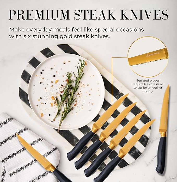 Black and Gold Knife Set with Block and Sharpener – 14-Piece Full Tang Golden Knives with Self-Sharpening Knife Block – Gold Kitchen Accessories for Cooking and Prepping; Ideal for Gifting