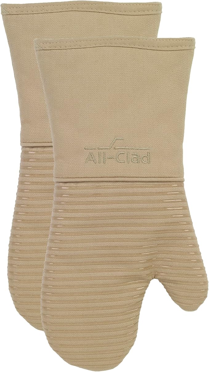 All-Clad Silicone Oven Mitts: Heat Resistant up to 500 Degrees - 100% Cotton & Silicone, 14"x7" Oven Mitt for Kitchen and Barbeque, 2-Pack, Cappuccino