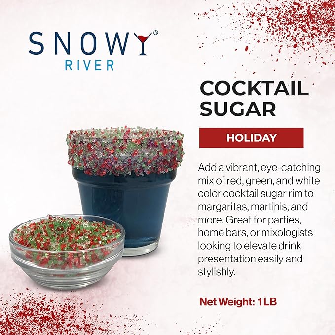 Snowy River Holiday, Cocktail & Margarita Sugar Rimmer - Vibrant Naturally Colored Sugar for Cocktail Rimming, Baking & Decorating, Medium Crystal - 16oz