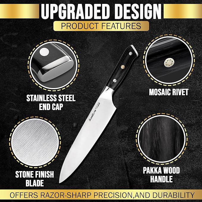 SliceElite Slice Series 8 Inch Chef Knife High Carbon German Steel Blade Pakkawood Handle with Polymer Blade Guard Professional Sharp Kitchen Knife for Meat Cutting Vegetable BBQ Cooking Chopping