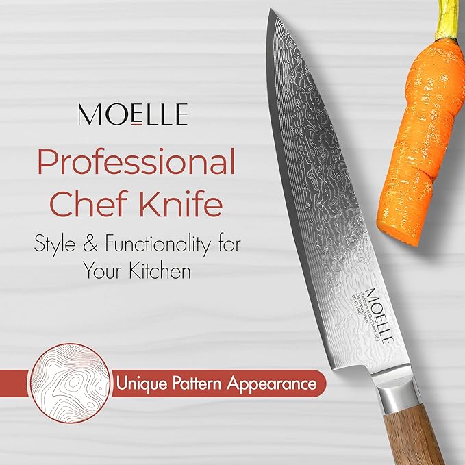 MOELLE Premium Teak Wood Chef Knife 8" - VG10 Damascus Steel 67 Layers, 60+ HRC - Japanese Damascus - Danish Design Kitchen Knife with Elegant Gift Packaging
