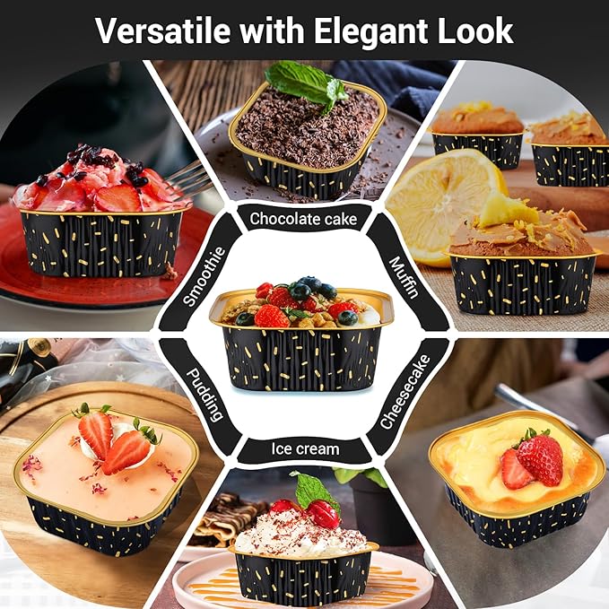 EUSOAR Cake Pans with Lids, 50pcs 10oz/300ml Square Cupcake Liners Disposable Ramekins, Aluminum Foil Containers Muffin Cups for Baking Mini Cake Loaf Bread Holders for Birthday Wedding Party Favor