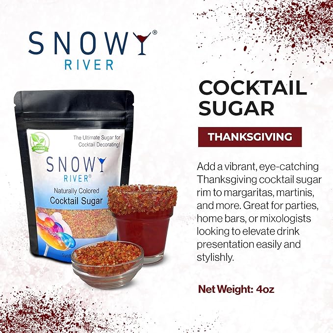 Snowy River Thanksgiving, Cocktail & Margarita Sugar Rimmer - Vibrant Naturally Colored Sugar for Cocktail Rimming, Baking & Decorating, Medium Crystal - 4oz