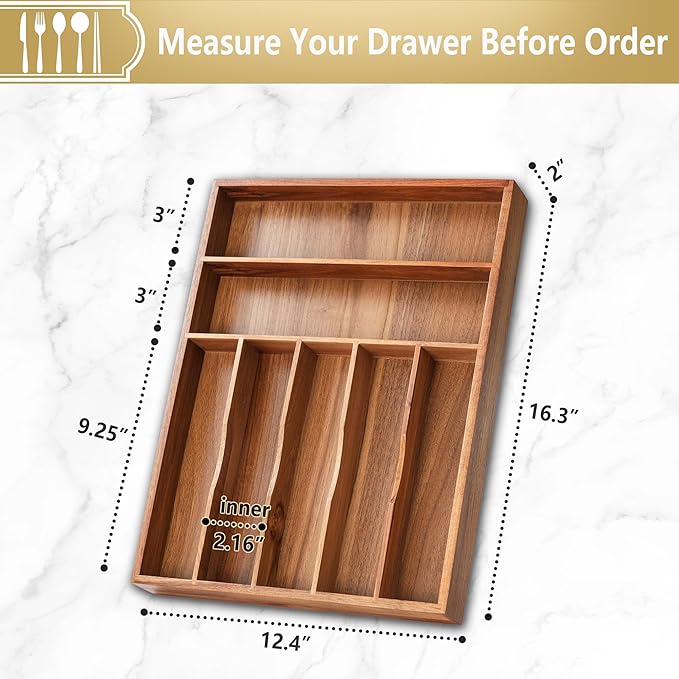 Silverware Organizer, 12.5 Inch Utensil Organizer Kitchen Drawer Organizer Acacia Silverware Holder Cutlery Tray Organizer in Drawer Flatware Organizer Tray(7 slots, Acacia）