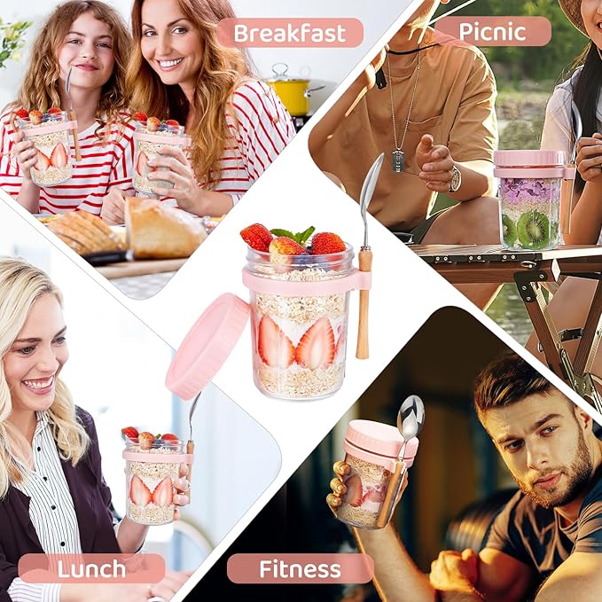 Glass Overnight Oats Containers with Lids and Spoon, 16oz Wide Mouth Mason Jars for Overnight Oats, Cereal, Yogurt, Salad Lunch Container with Measurement Marks - Pink 4 Pack