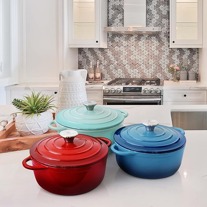 Trustmade 3 QT Cast Iron Dutch Oven, Enamel Coated Cookware Pot with Self Basting Lid for Home Baking, Braiser, Cooking, Aqua