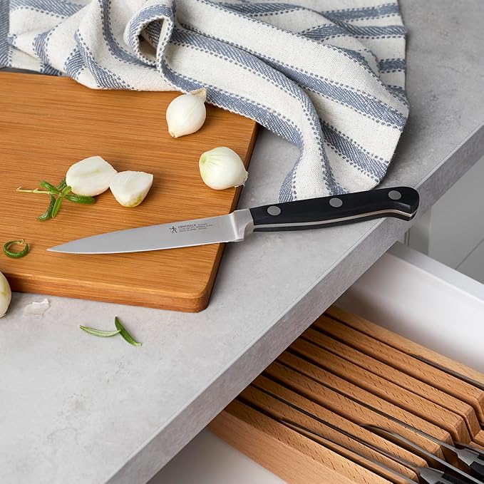 HENCKELS Classic Razor-Sharp 11-Piece Knife Block Set, Chef Knife, Bread Knife, Carving Fork and Knife, German Engineered Informed by 100+ Years of Mastery, Natural In-Drawer Block