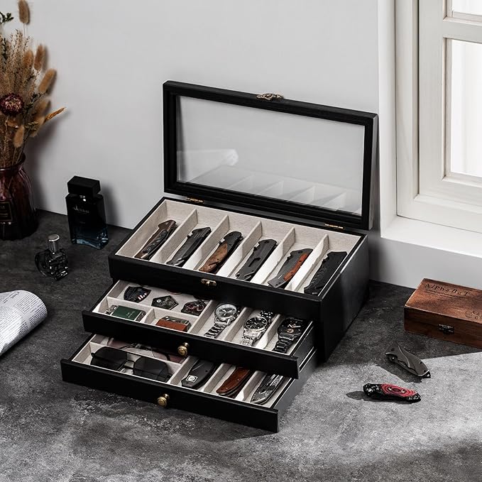 Knife Display Case, 3-Layer Pocket Knife Case Display & Storage Knives, Solid Wood Knife Case for Collections, Gift for Boyfriend Fathers Day Birthday Gifts(Black)