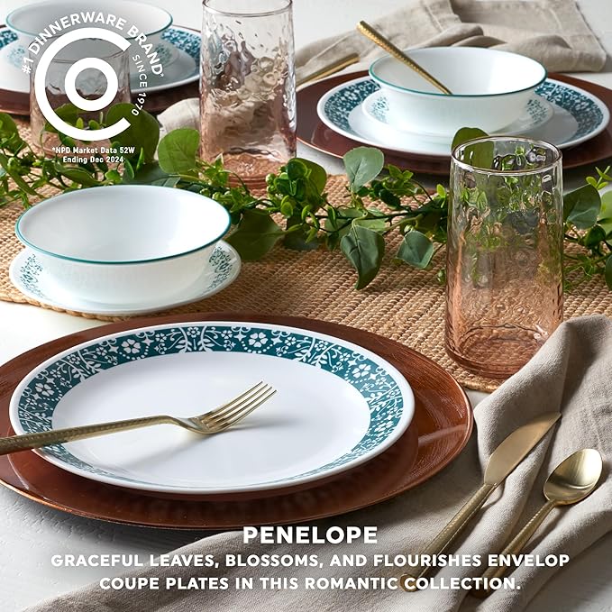 Corelle Vitrelle 18 Piece Glass Dinnerware Sets Service for 6, Triple Layer Chip & Crack Resistant Glass Plate and Bowl Sets, Penelope