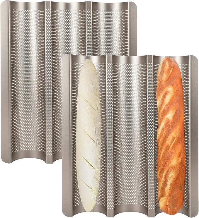 Baguette Bread Pan, Perforated French Bread Pans 15x11 Inch Nonstick, 3 Waves Loaf Tin for Homemade Sourdough Baguettes Baking, Oven Safe, 2 Pack, Gold