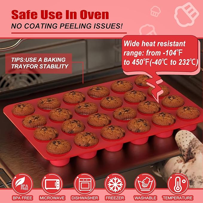 24 Cups Cupcake Pan,Mini Silicone Muffin Pan,Nonstick Food Grade Silicone Baking Cups,Great for Making Muffin Cakes, Tart, Bread - 2 PCS
