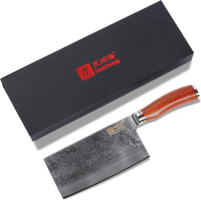 SUNLONG Meat Cleaver 7 inch Chinese Vegetable Cleaver -Japanese Hammered Damascus Steel-Bloodwood Handle