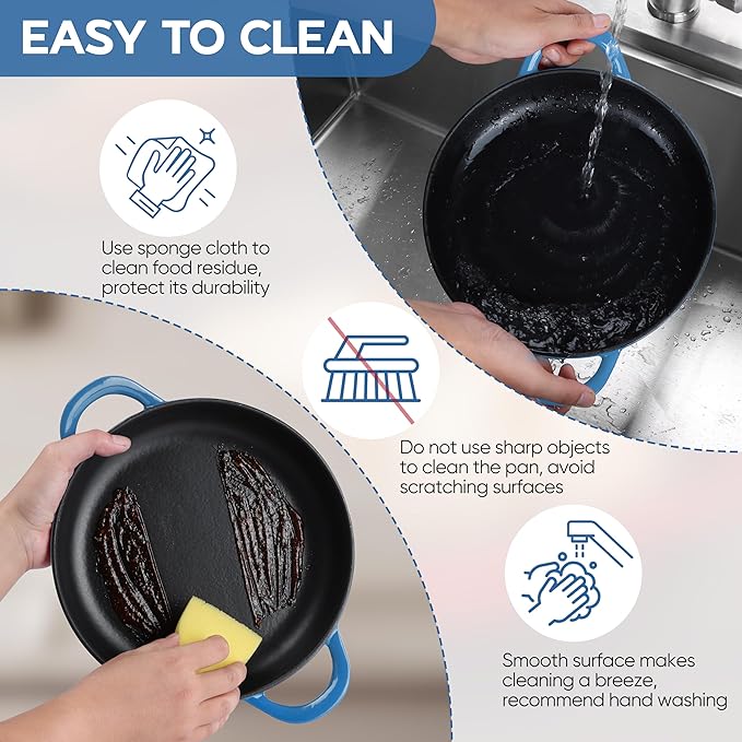 E-far Dutch Oven for Sourdough Bread Baking, 6 Qt Round Enameled Cast Iron Dutch Oven for Homemade Artisan Bread, Dome Lid & Shallow Base, Matte Black Interior & Durable, Oven-Safe to 500℉, Blue