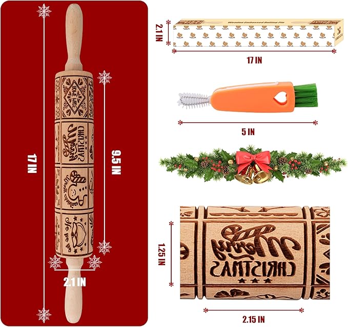 17" Premium Wooden Rolling Pins for Baking with XMAS Embossed Designs | 3mm Deep Springerle Cookie Molds | Christmas Rolling Pin & Baking Gifts for Women | Includes 3-in-1 Cleaning Brush
