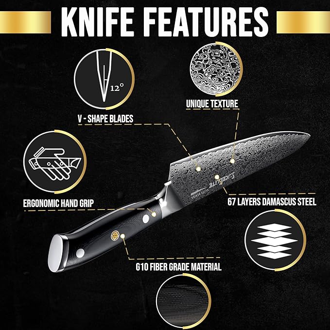 SliceElite Elite Series 7 Inch Santoku Knife VG10 Damascus Steel G10 Handle Dual Protection Cutting Kitchen Tool Sharp Vegetable Meat Chopping BBQ Chef Slicing Cleaver Cooking Camping Butcher Gift