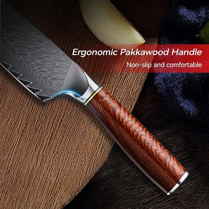 8" Chef's Knife, Japanese Damascus Chefs Knife 67 Layers High Carbon VG10 Steel Core with Wood Ergonomic Handle, Gift Box