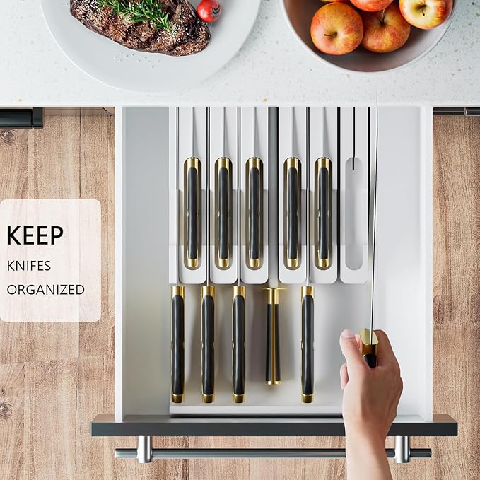 Domax Bamboo In-drawer Knife Block - Knife Drawer Organizer Insert Large Handle Steak Knife Holder, Kitchen Drawer Knife Organizer Fits for 12 knives and 1 Sharpening Steel (Not Included), White