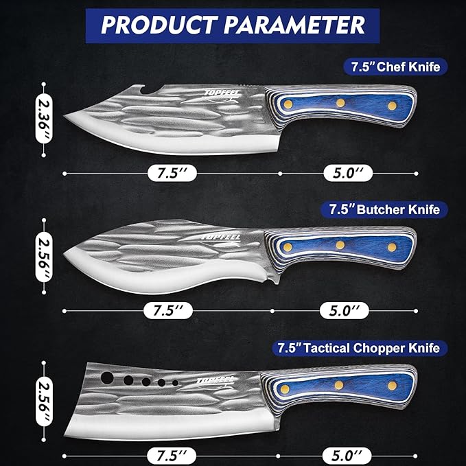 3PCS Butcher Knife Set for Meat Cutting， Hand Forged Professional Chef Knife Set Meat Cleaver Boning Knife for Home, Outdoor Cooking, Camping BBQ Gift Idea Men