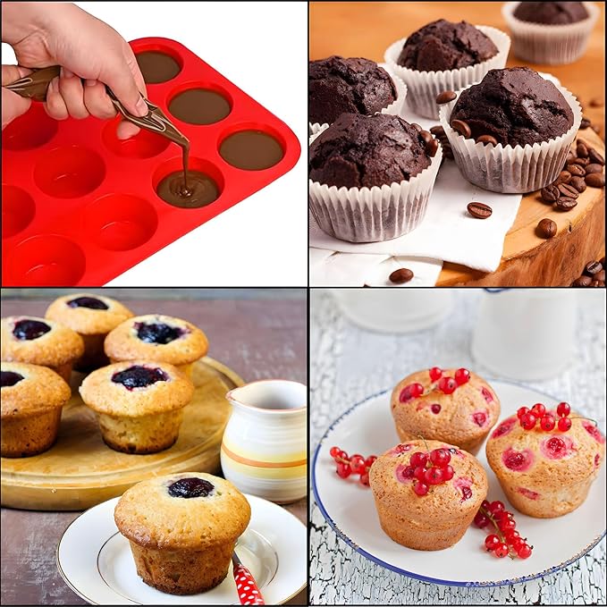 12 Cups Silicone Muffin Pan, Nonstick Cupcake Pan, Heat Resistant Silicone Muffin Tin, Reusable Cupcake Moulds Baking Pan for Cakes, Bread (Red-2 Packs)