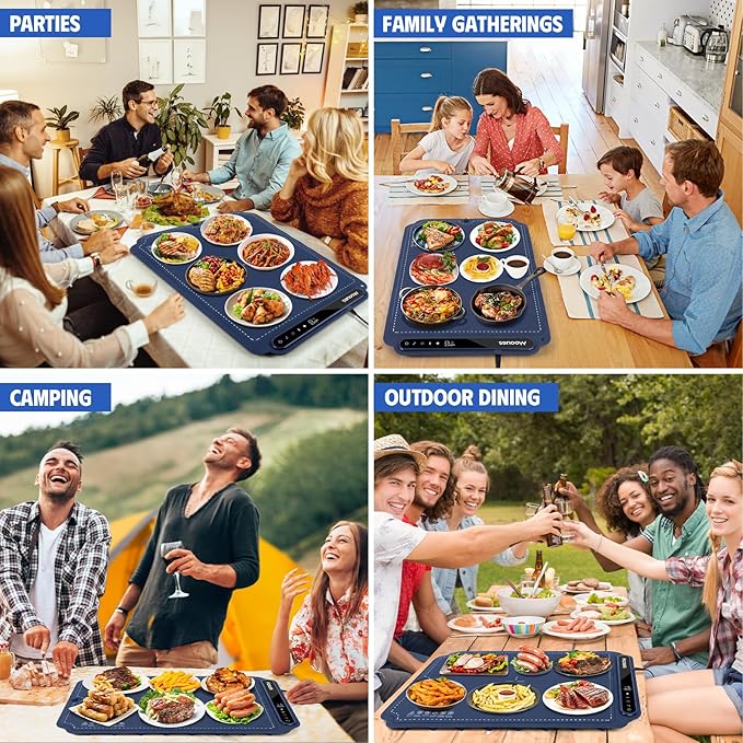 Electric Warming Tray, Portable Silicone Food Warming Mat, Versatile Full Surface Heating Food Warmer with 7 Level Temperature and 6 Hours Timer for Home Dinner, Parties and Buffets (Blue)