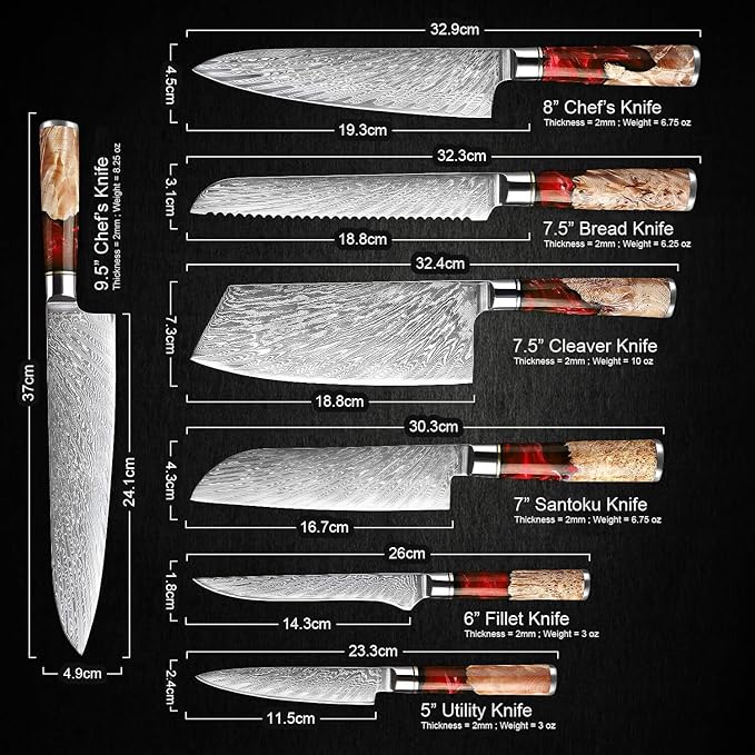SENKEN 7-Piece Damascus Kitchen Knife Set - Tsunami Collection - 67-Layer Japanese VG10 Steel - Chef's Knife, Cleaver, Santoku, Bread, Boning, & More (Red Resin Blend)