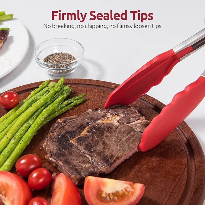 600ºF Heat Resistant Kitchen Tongs: U-Taste 9 inch Silicone Cooking Tong with Firm Sealed Non Stick Rubber Tips & Silicon Coated 18/8 Stainless Steel Handle & Smooth Locking for Serving Salad (Red)