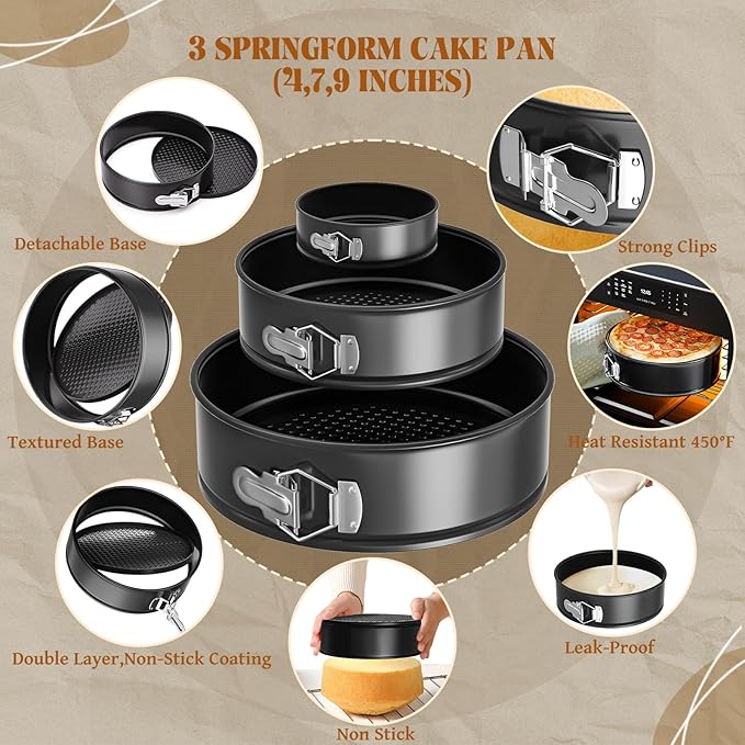 131Pcs Springform Pan Cake Pan Sets for Baking Non-Stick Cake Decorating Kit (4, 7, 9 Inch), Piping Bags and Tips Cheesecake Bakeware Baking Tools Parchment Paper & Manual