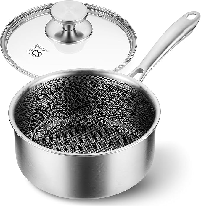KOCH SYSTEME CS Hybrid Nonstick Stainless Steel Sauce Pan 3QT, Tri-ply Stainless Steel Pot with Honeycomb Interior, Hybrid Sauce Pan with Lid, 18/10 Steel Pot, Induction Compatible