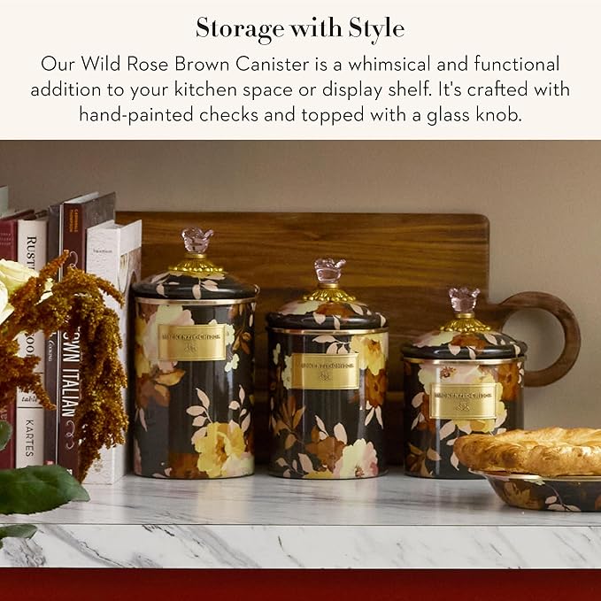 MACKENZIE-CHILDS Enamel Canister, Kitchen Storage Container with Lid, Medium, Wild Rose Brown