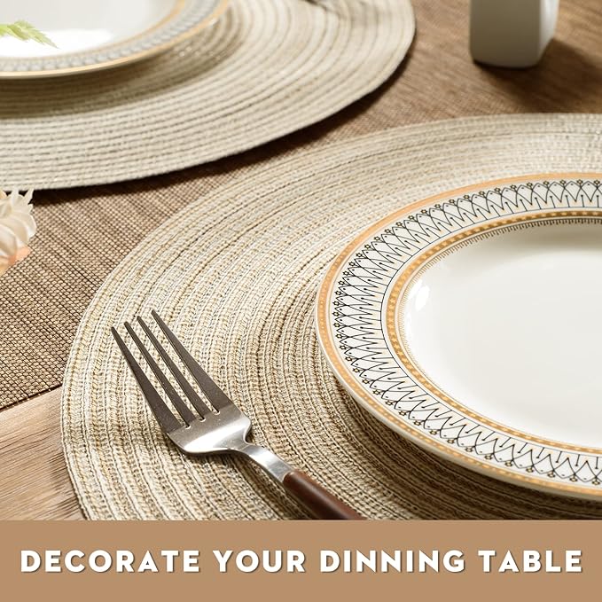 FunWheat Round Braided Placemats Set of 8 Place mats for Dining Tables Woven Heat Resistant Table Mats 15 inch (E Beige, 8pcs)