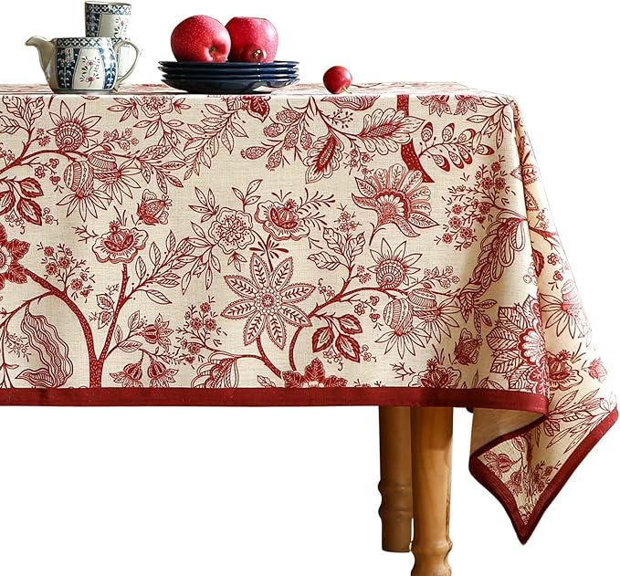 ISAENNE Designer French Linen Extra Long Rectangle Tablecloth,Red Floral Washable Indoor Table Cloth,Durable Home Decor Tablecloths for Dining Thanksgiving Kitchen Party,67"*118"-Ruyi A