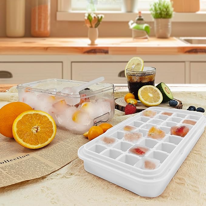Satax Silicone & Plastic Ice Cube Trays with Lids and Bin - Durable, BPA-Free, Easy Release, Perfect for Cocktails, Coffee & More (2, blue)