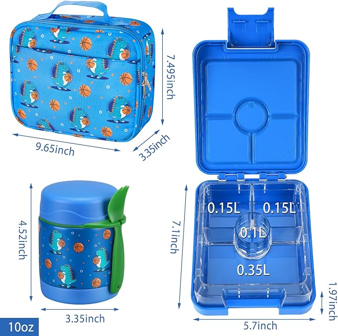 Bento Lunch Box Set for Kids with 10oz Soup Thermo, Leak-Proof Lunch Containers with 4 Compartment, Kids Thermo Hot Food Jar and Insulated Lunch Bag for Kid to School,BPA-Free(Basketball)