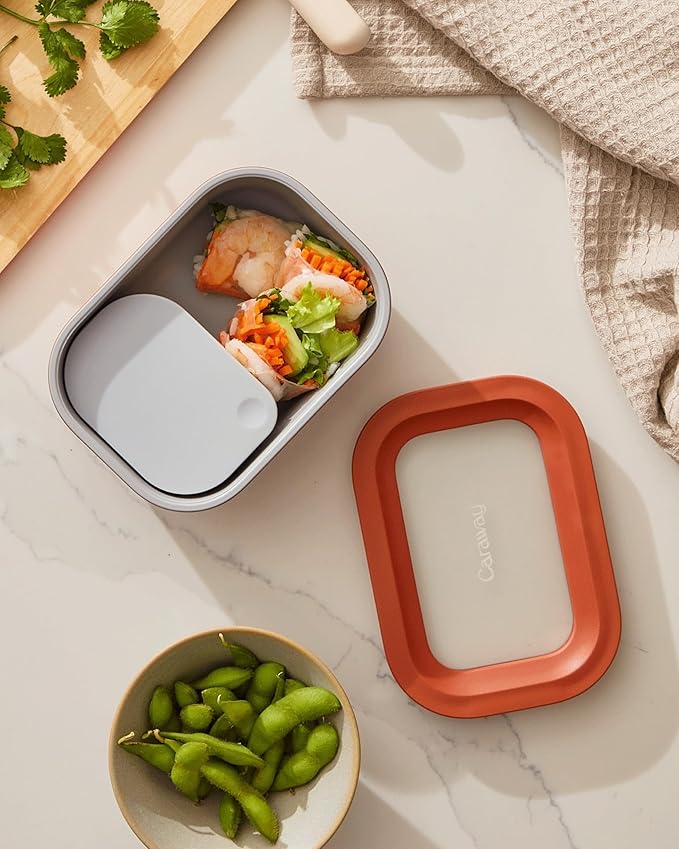 Caraway 2pc Glass Food Storage Set - 2.6 Cup Food Containers (2) - Non-Toxic Ceramic-Coated Glass - Air Release Technology - Compact & Stackable Design - Navy