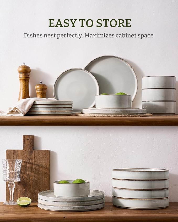 Famiware Annecy Plates and Bowls Sets, 12 Pieces Dinnerware Sets, Microwave and Dishwasher Safe Dishes Set for 4, Chip and Scratch Resistant, Grey-White