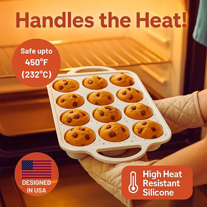 2-Pack Silicone Muffin Pan Set – Regular 12-Cup & Mini 24-Cup Nonstick Cupcake Pans – Metal-Reinforced Handles, BPA-Free, Non-Toxic, Dishwasher Safe, Cream Color Bakeware