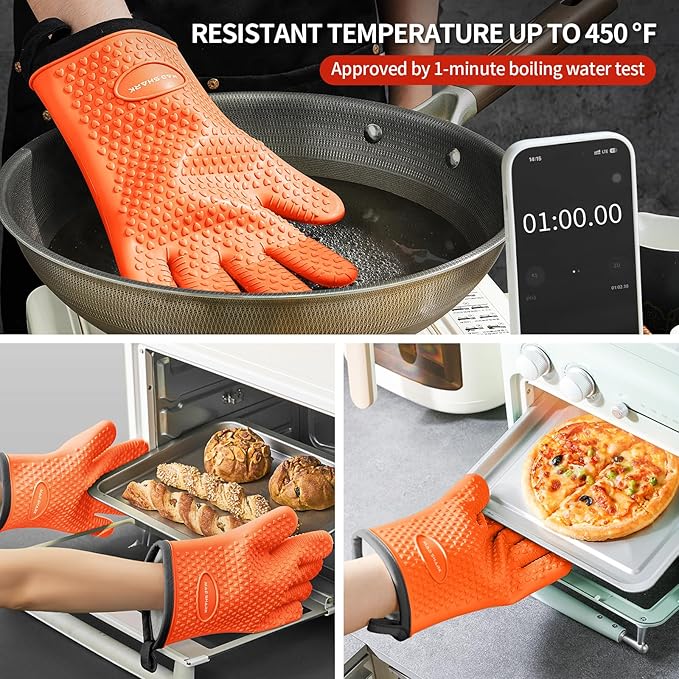 MAD SHARK Silicone Oven Mitts Heat Resistant 450 Degrees with Waterproof & Non-Slip Oven Gloves with Fingers, Silicone Oven Gloves Kitchen Mittens for Baking Cooking Barbecue (Orange)
