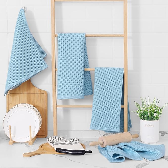 Homaxy 100% Cotton Waffle Weave Kitchen Dish Towels, Ultra Soft Absorbent Quick Drying Cleaning Towel, 13 x 28 Inches, 12-Pack, Sky Blue