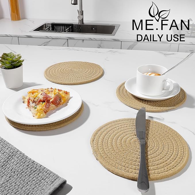 ME.FAN 7 Inch Trivets/Potholders 4 Set Cotton Thread Weave Trivets for Pots and Pans - Large Coasters/Hot Pads to Protect Desktop & Countertop - Brown