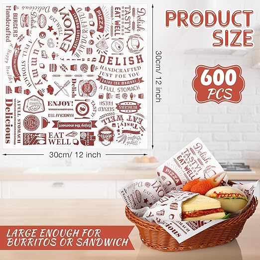 600 Pcs 12 x 12 Inch Deli Wax Paper Sheets Grease Resistant Tray Basket Liners Newsprint Paper Water and Grease Proof Sandwich Wrapping Square Hot Dog Wrappers for Food Baking (Brown on White)