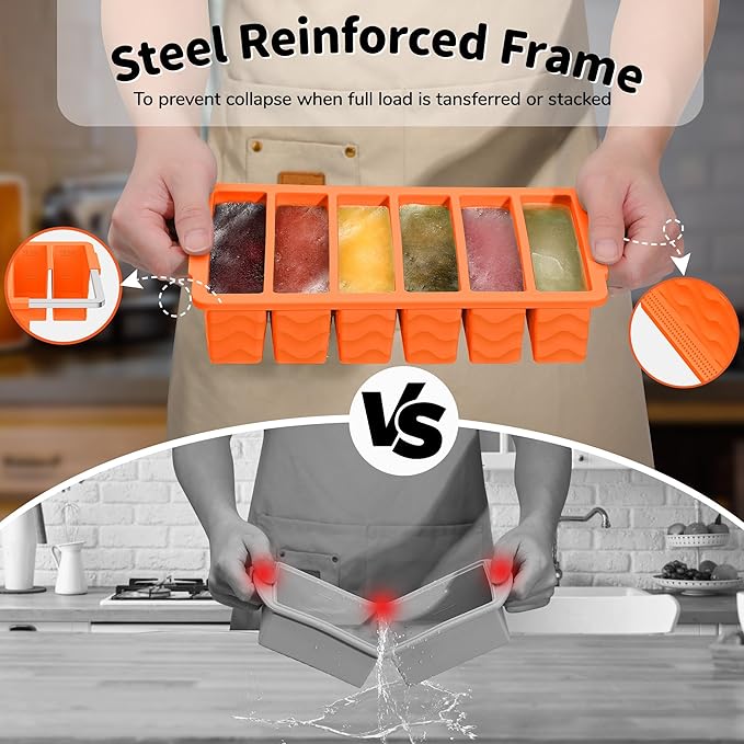 2-Pack Silicone Freezer Trays with Lid, 2 Large 2-Cup(500ml) & 6 Small 1/2-Cup(125ml) Soup Freezer Container Molds, Ice Cube Tray For Meal Prep & Freezing Soup, Stews, Sauces, Oven & Dishwasher-Safe