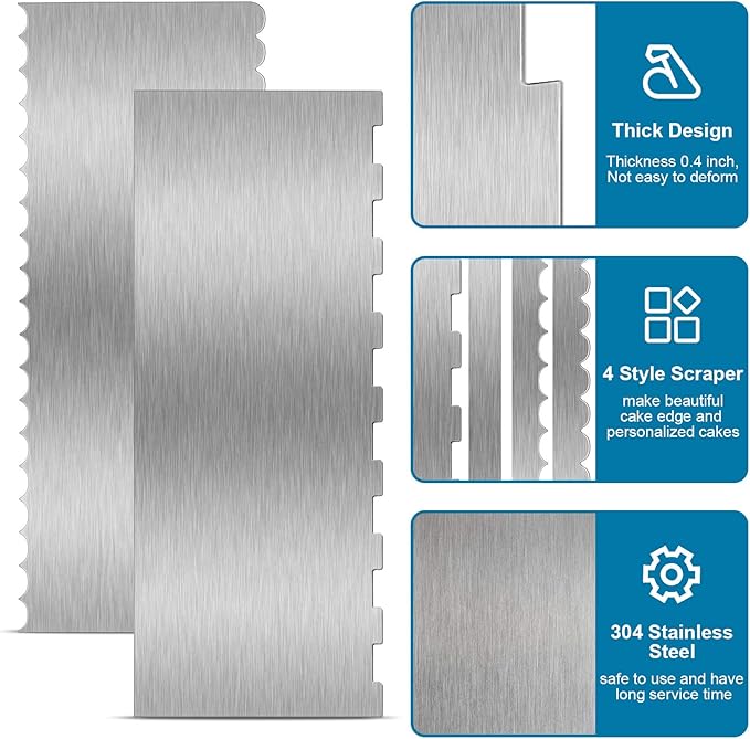 2 Pieces Stainless Steel Cake Scraper Large Double Sided Patterned Edge Stripe Edge Smoother Scraper Cake Decorating Comb Pastry Cutter for Mousse Butter Cream Decoration(9 x 3.4 Inches)