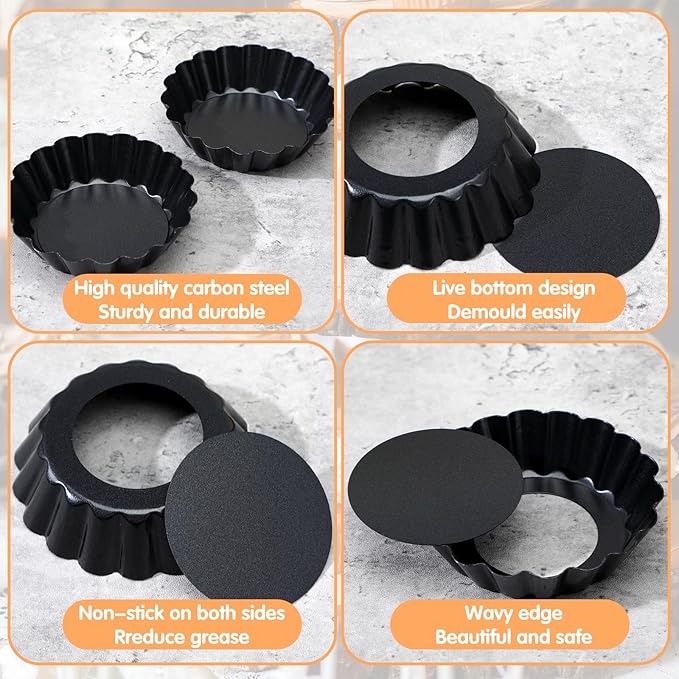 24 Pcs Mini Pie Tart Pans 3" with Removable Bottom Round Nonstick Quiche Pan Bakeware Egg Tart Molds Fluted Side Small Quiche Pans Steel Mini Pie Tins for Pies Mousse Cheese Cake Dessert